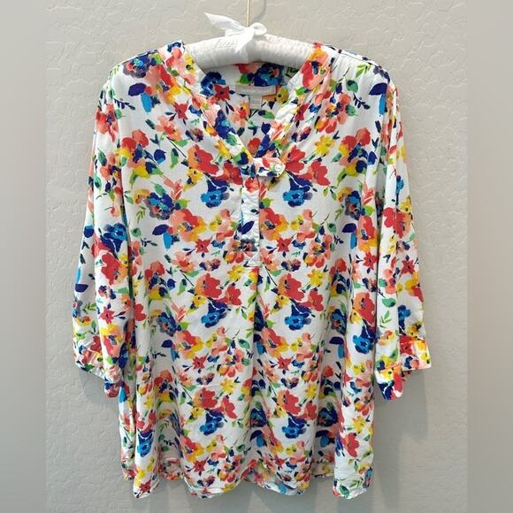 🆕 WOMAN WITHIN | Plus Size White Floral Tab Front 3/4 Sleeve Blouse | 18/20 - Picture 1 of 7